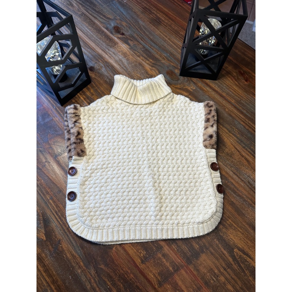 Aspen Kids Cream Cable Knit Mock Neck Poncho Faux Fur Trim Buttons Size 5/6